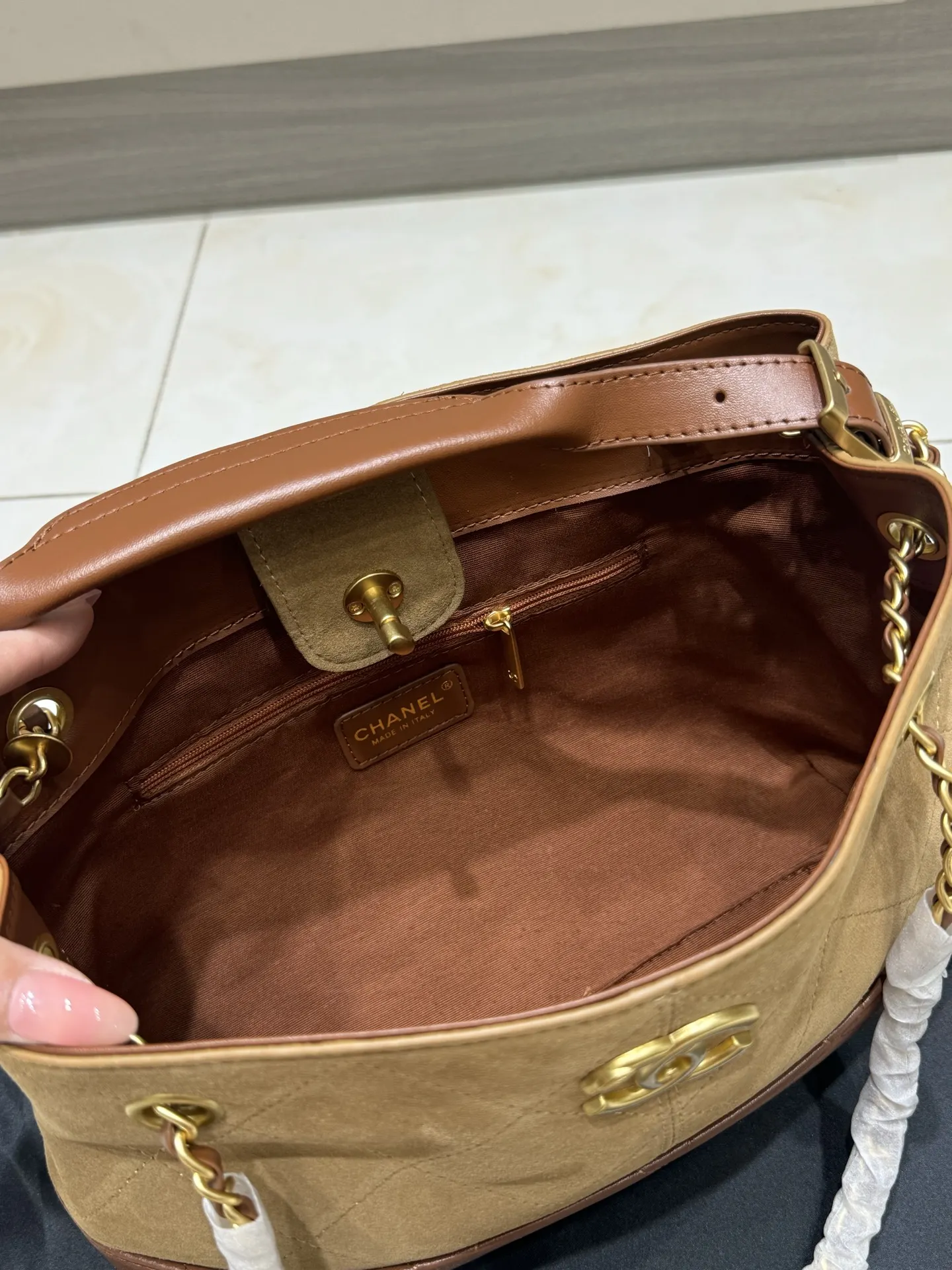 Chanel Quilted Suede & Leather Tote Bag D43017855 — view 8