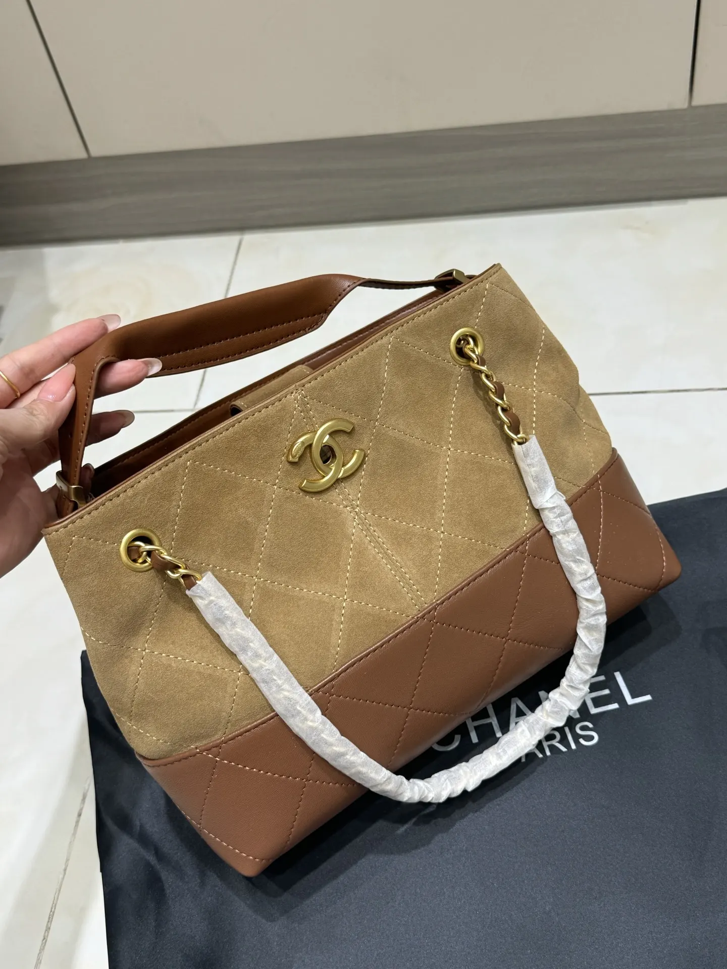 Chanel Quilted Suede & Leather Tote Bag D43017855 — view 10