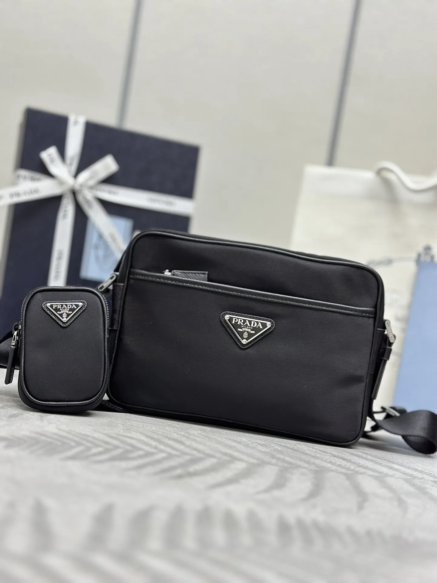 Nylon and Saffiano Leather Crossbody Bag with Pouch D66016242