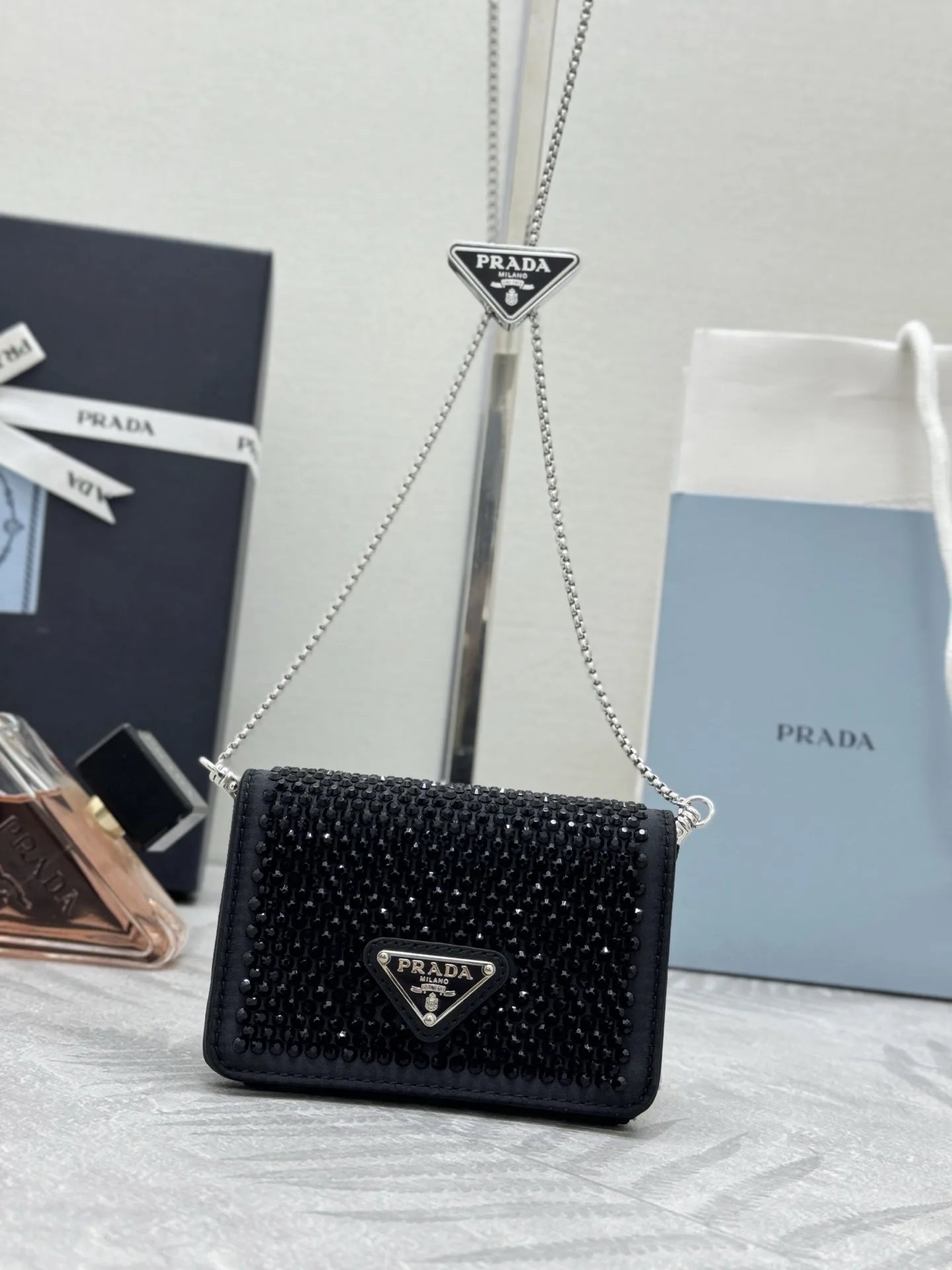Crystal-Embellished Mini Bag with Detachable Chain D60016255