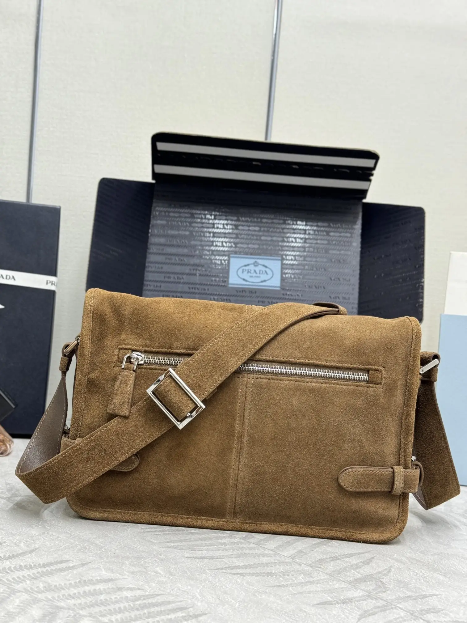 Suede Messenger Bag with Triangle Logo D98016295 — view 2