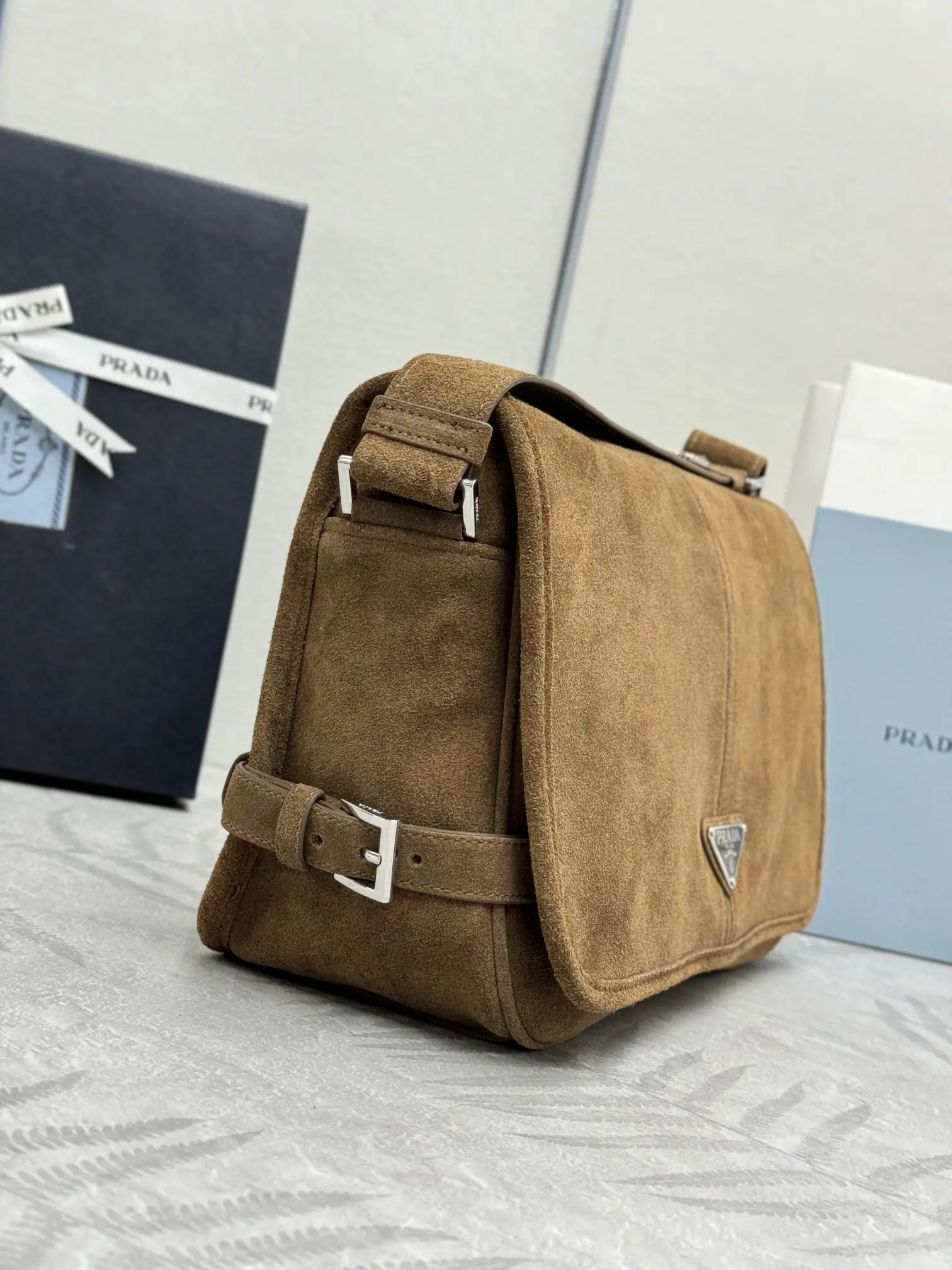 Suede Messenger Bag with Triangle Logo D98016295 — view 3