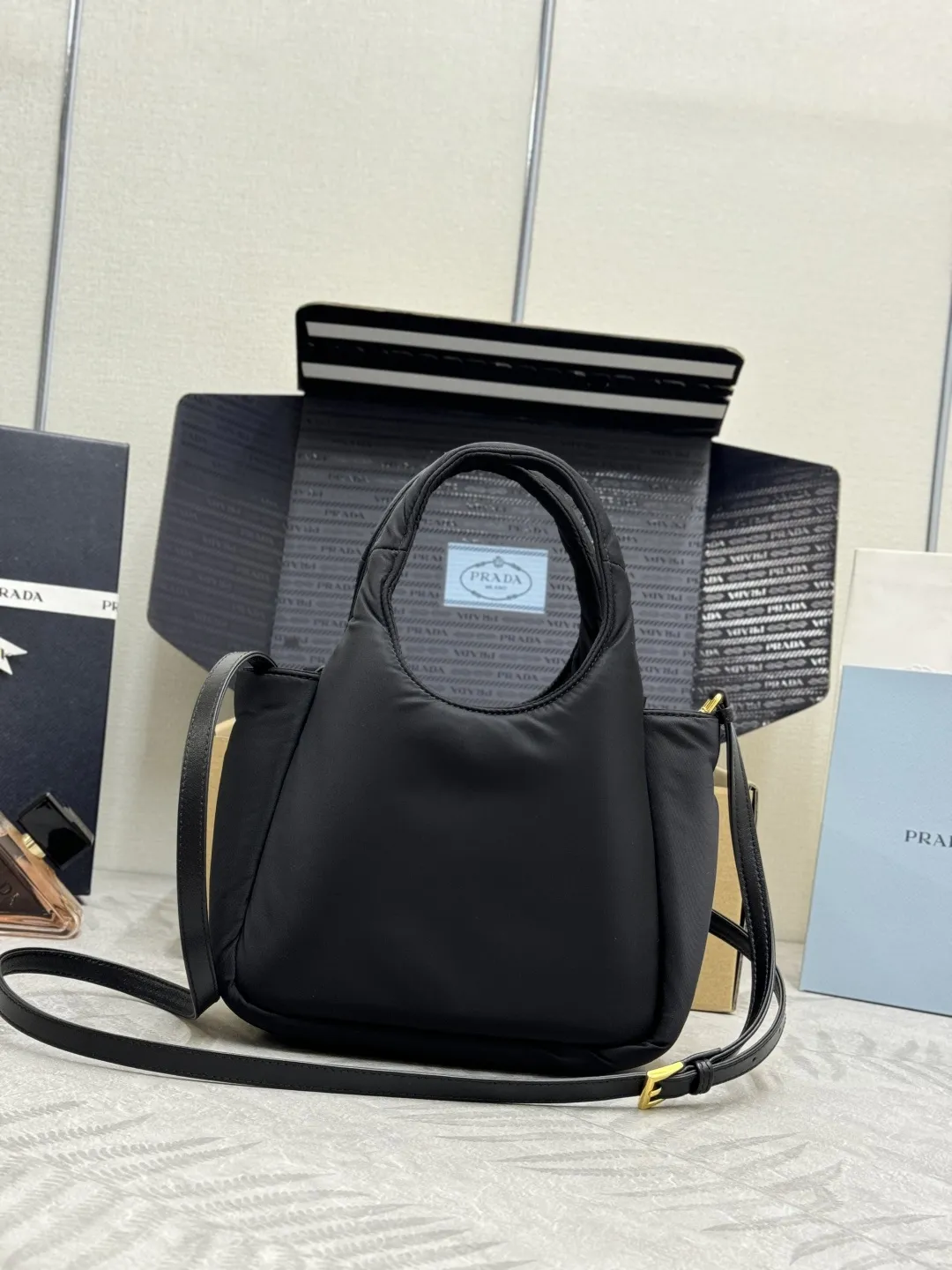 Prada Bow-Detail Padded Nylon Shoulder Bag D75016307 — view 2