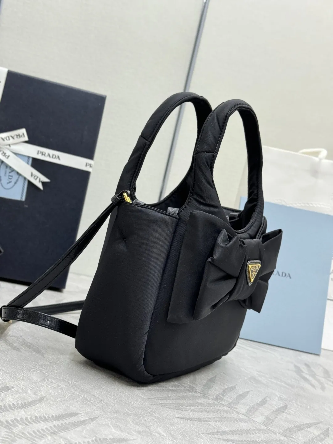 Prada Bow-Detail Padded Nylon Shoulder Bag D75016307 — view 4