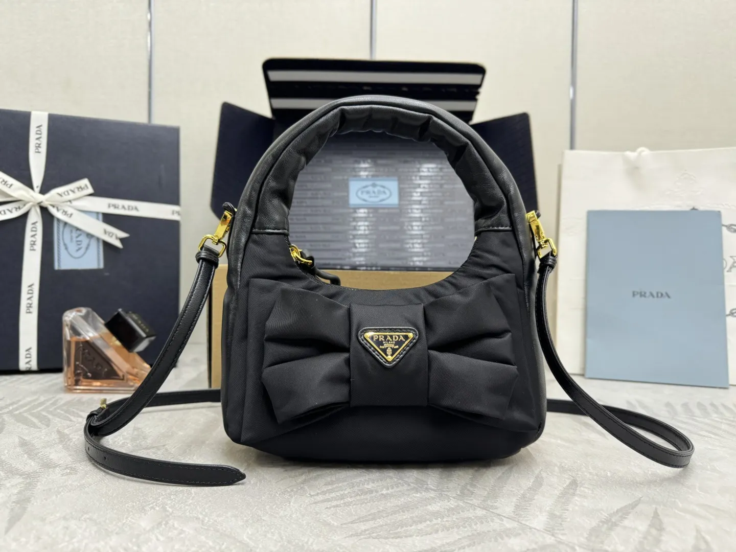 Bow-Detail Padded Nylon Hobo Bag D72016497