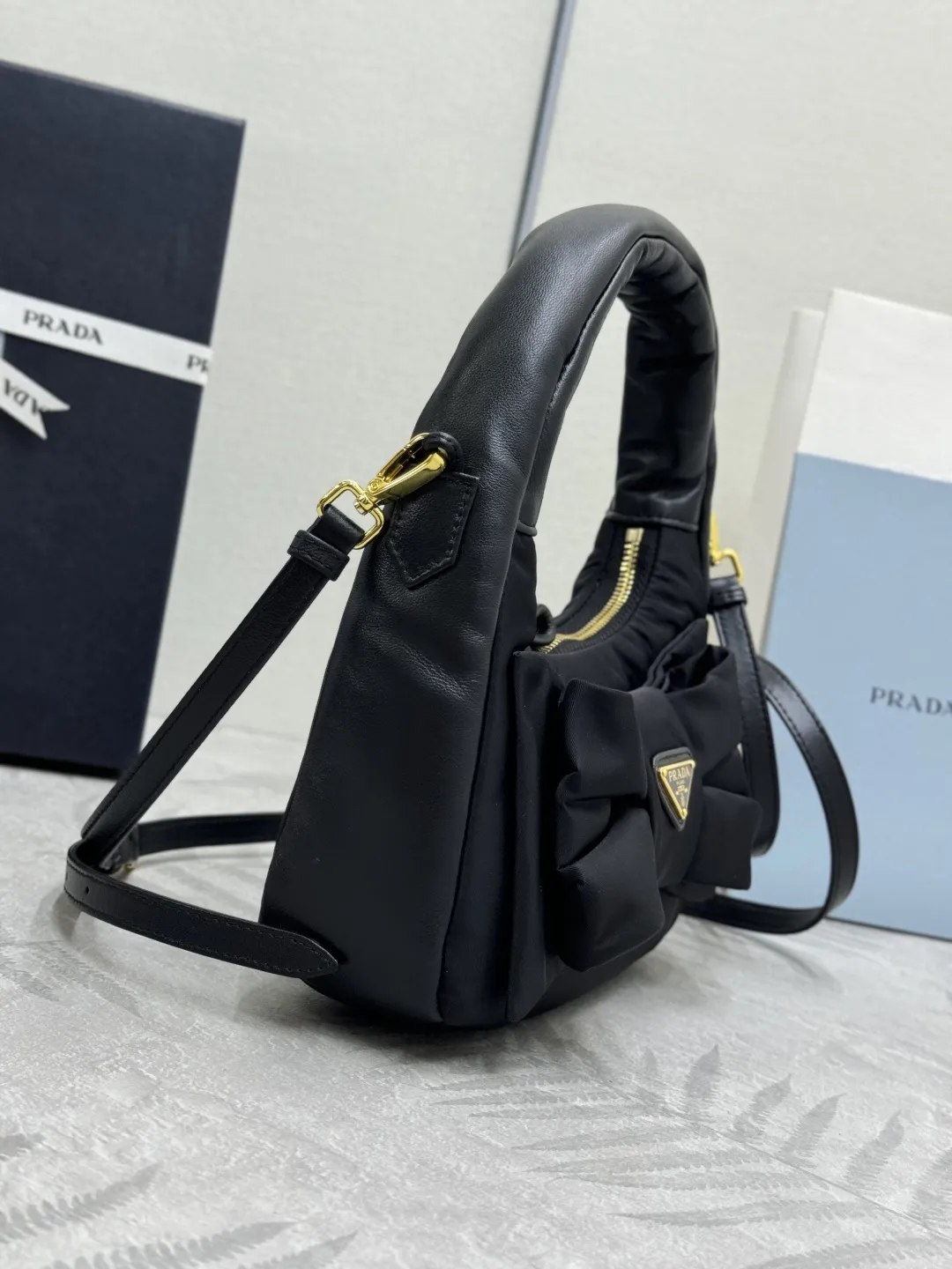 Bow-Detail Padded Nylon Hobo Bag D72016497 — view 4