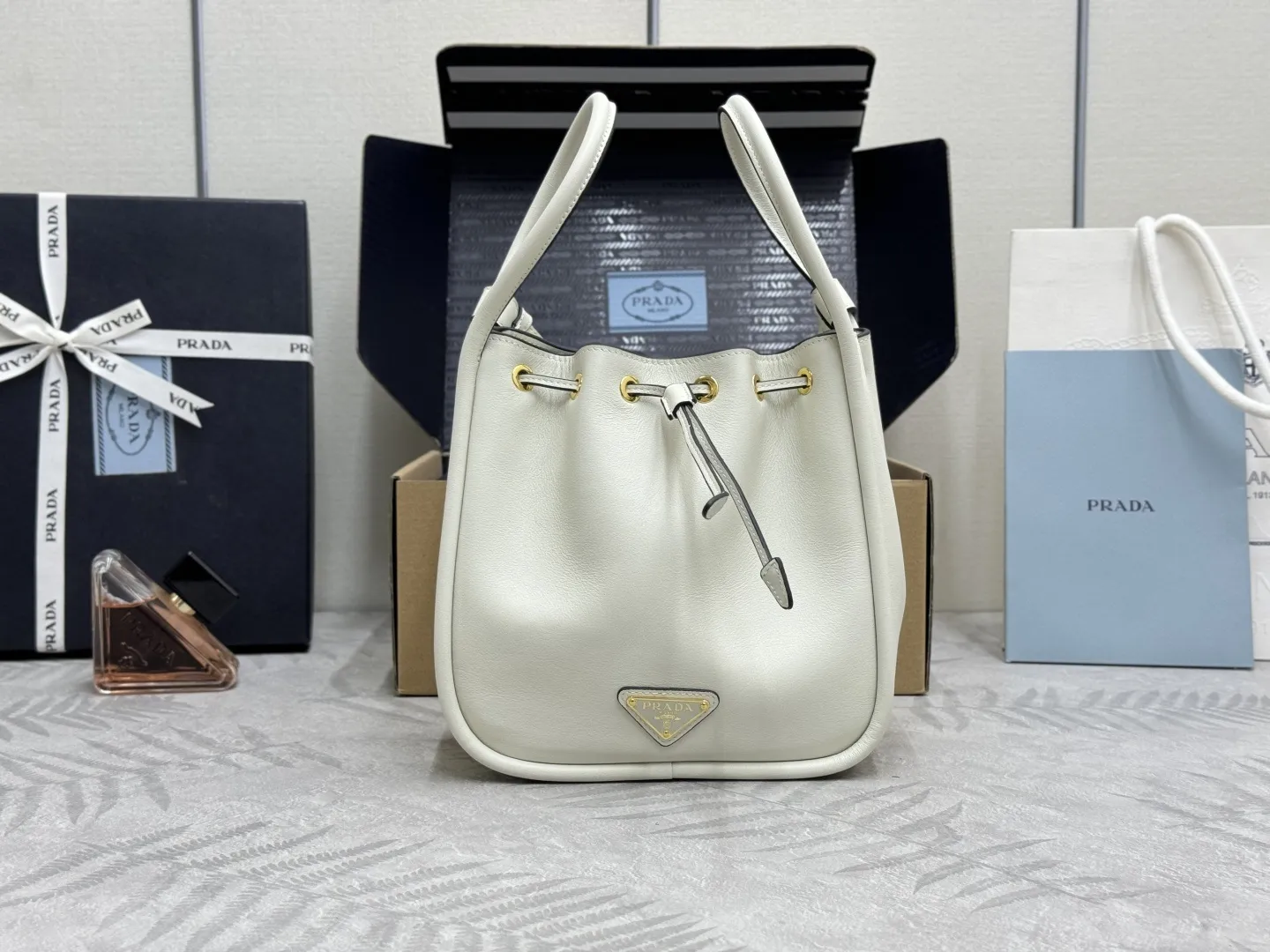 Prada 1BE087 Leather Bucket Bag D88016309