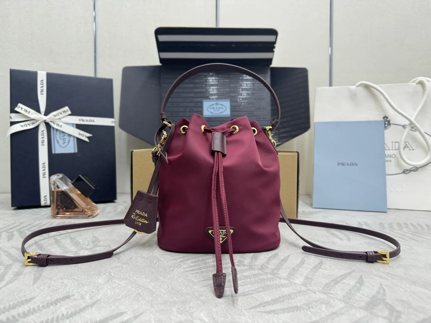Nylon Bucket Bag with Leather Trim D60016333