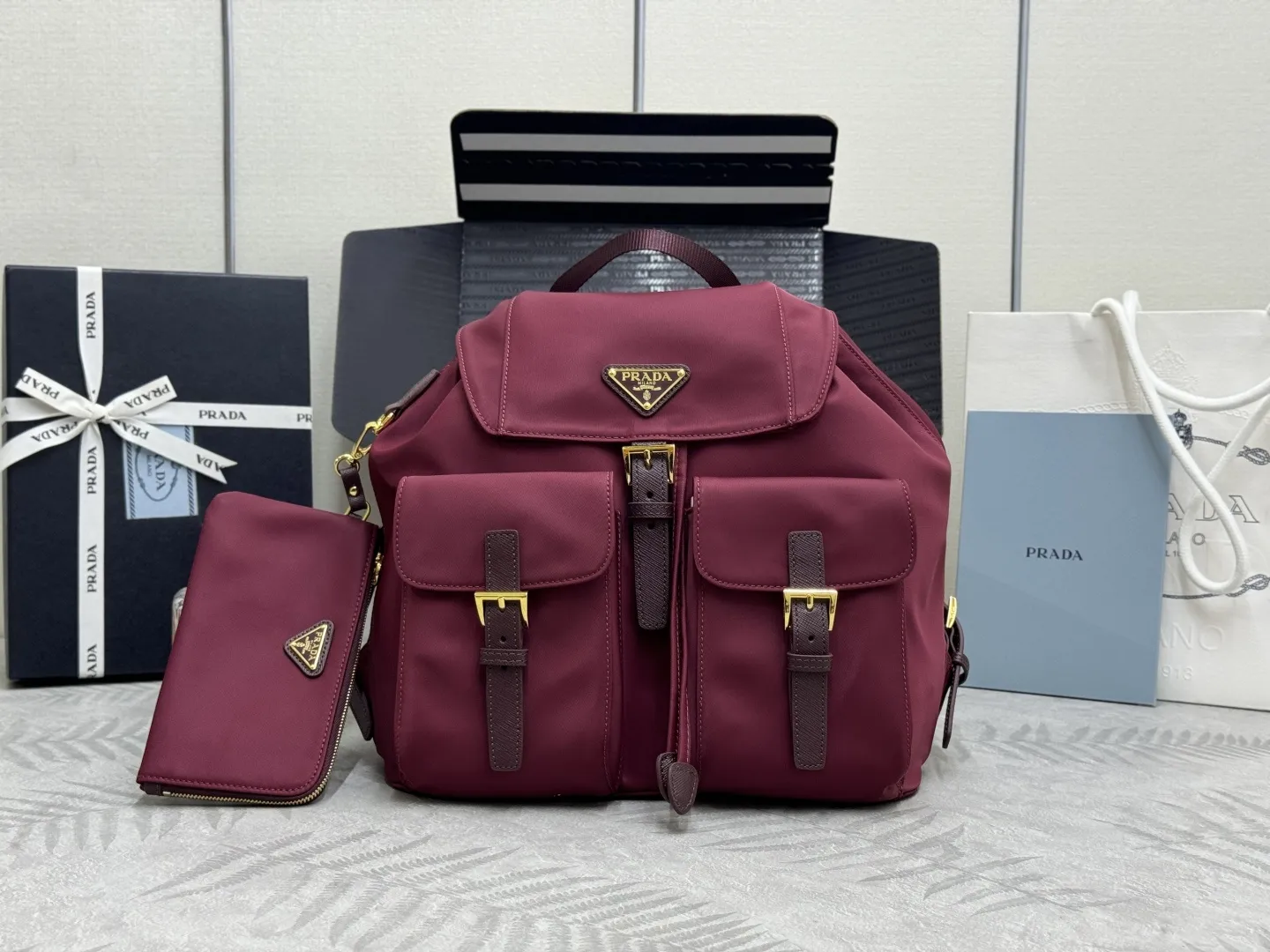 Nylon Backpack with Saffiano Leather Trim D76016335