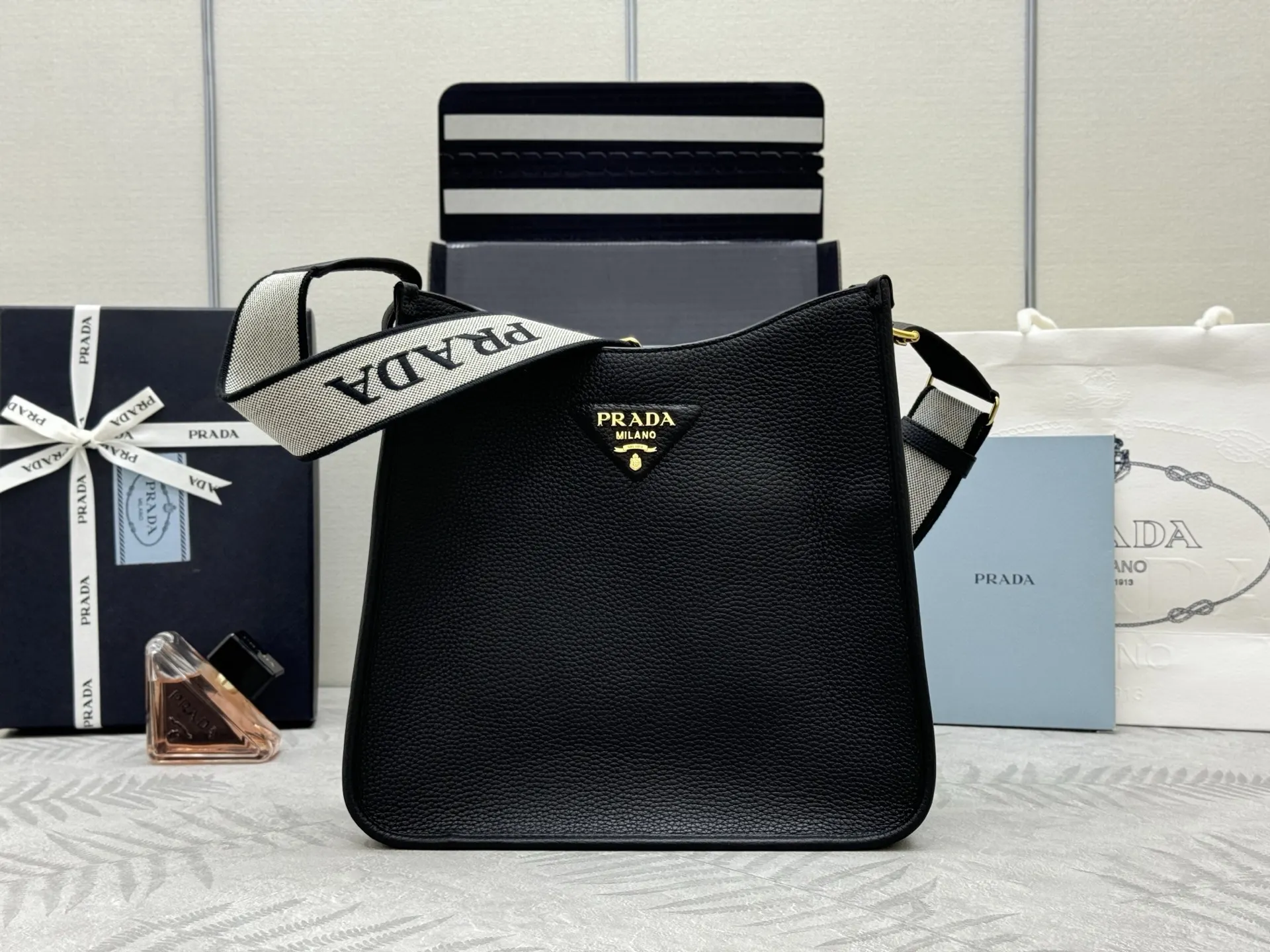 Prada Grained Leather Crossbody Bag with Logo Strap D105016390