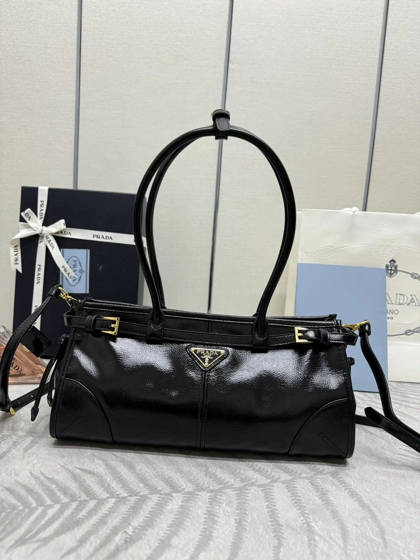Prada Soft Lux Patent Leather Top-Handle Bag D102016427