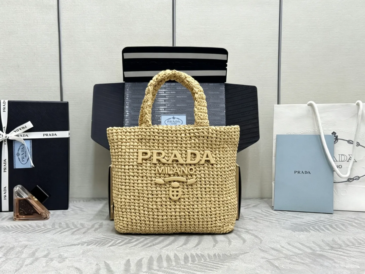 Prada Raffia Effect Small Tote Bag D76016435