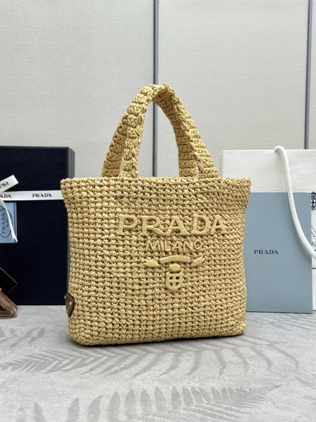 Prada Raffia Effect Small Tote Bag D76016435 — view 3