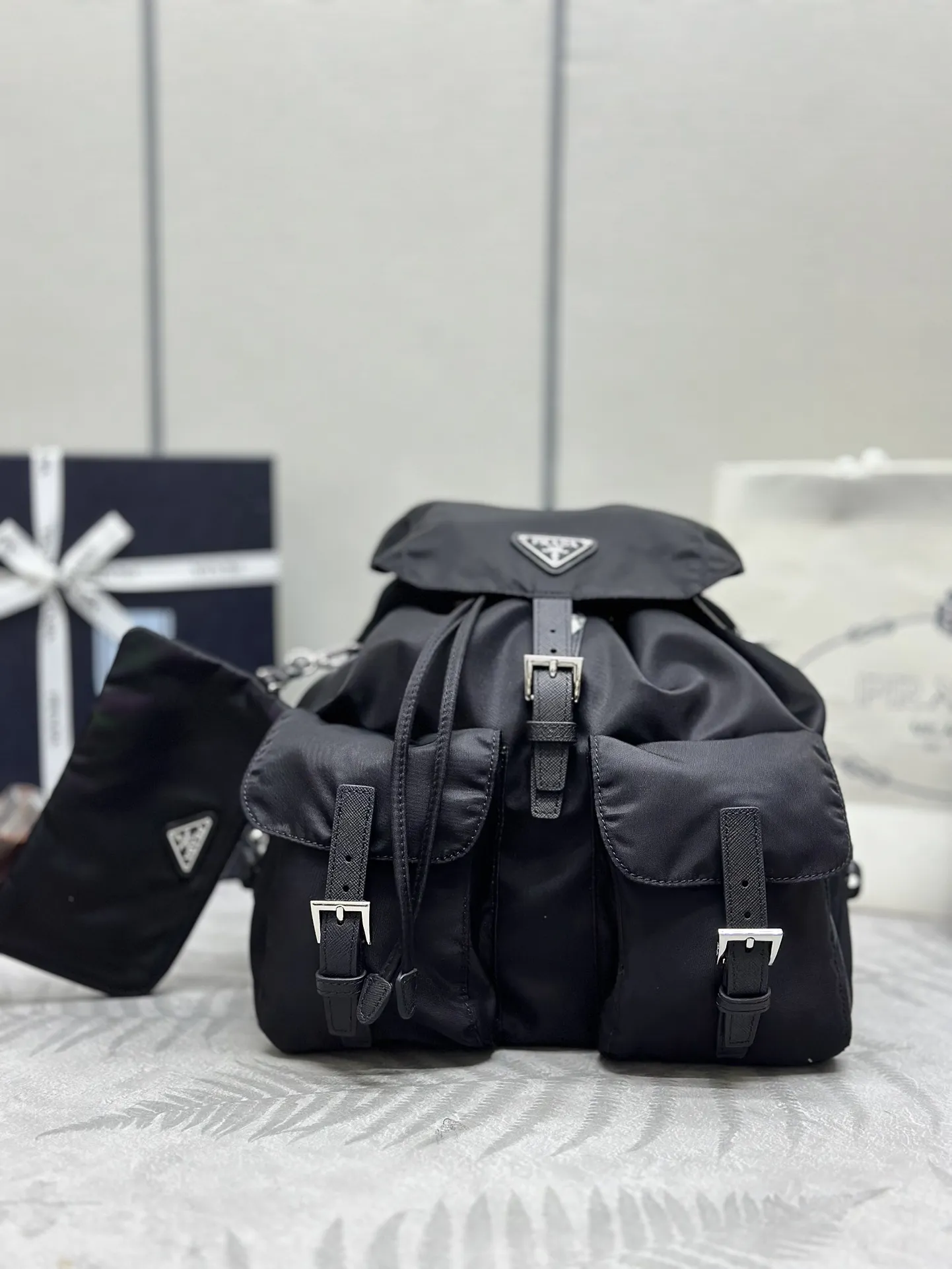 Nylon Saffiano Leather-Trim Backpack with Pouch D76016531
