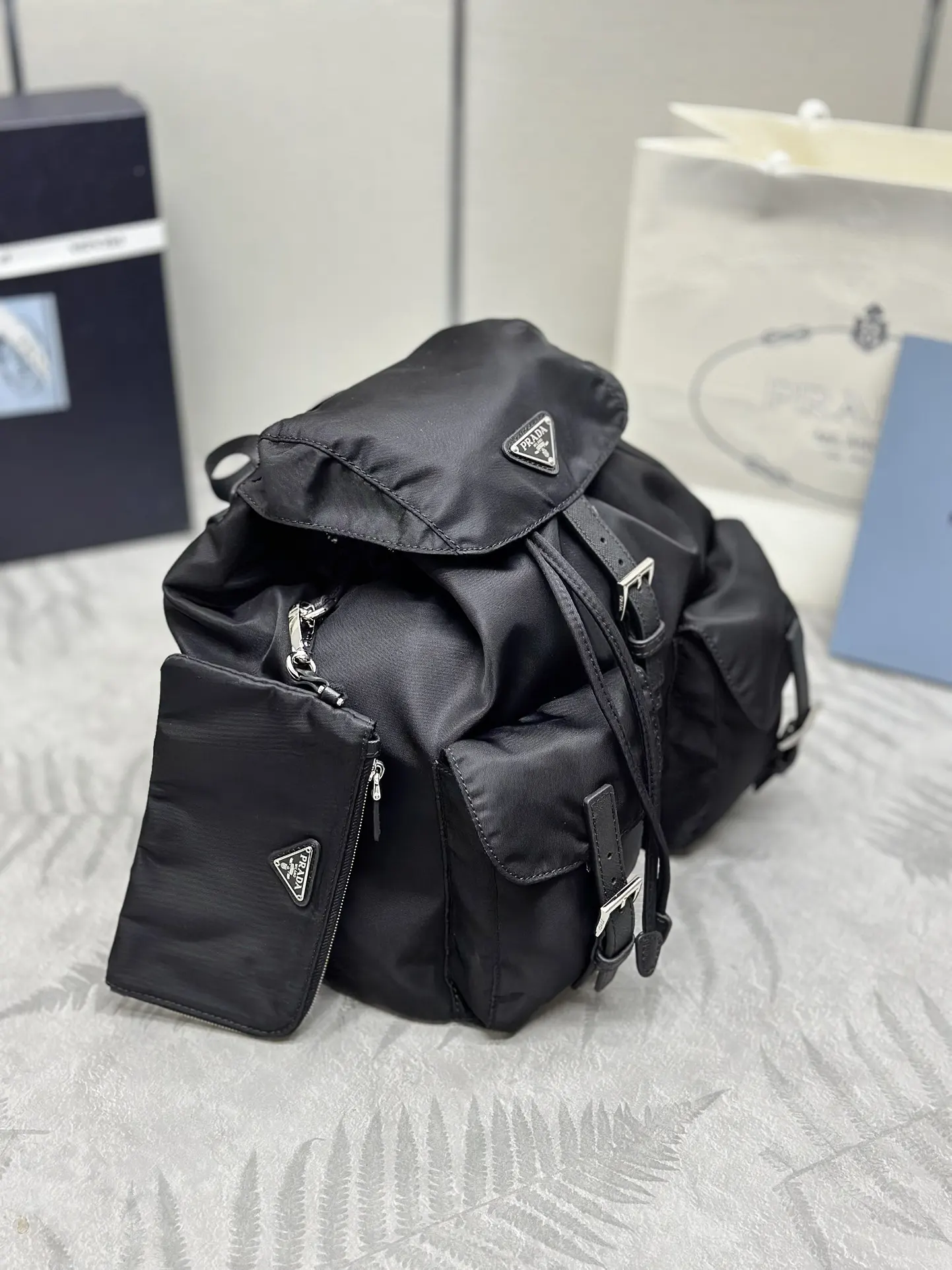 Nylon Saffiano Leather-Trim Backpack with Pouch D76016531 — view 3