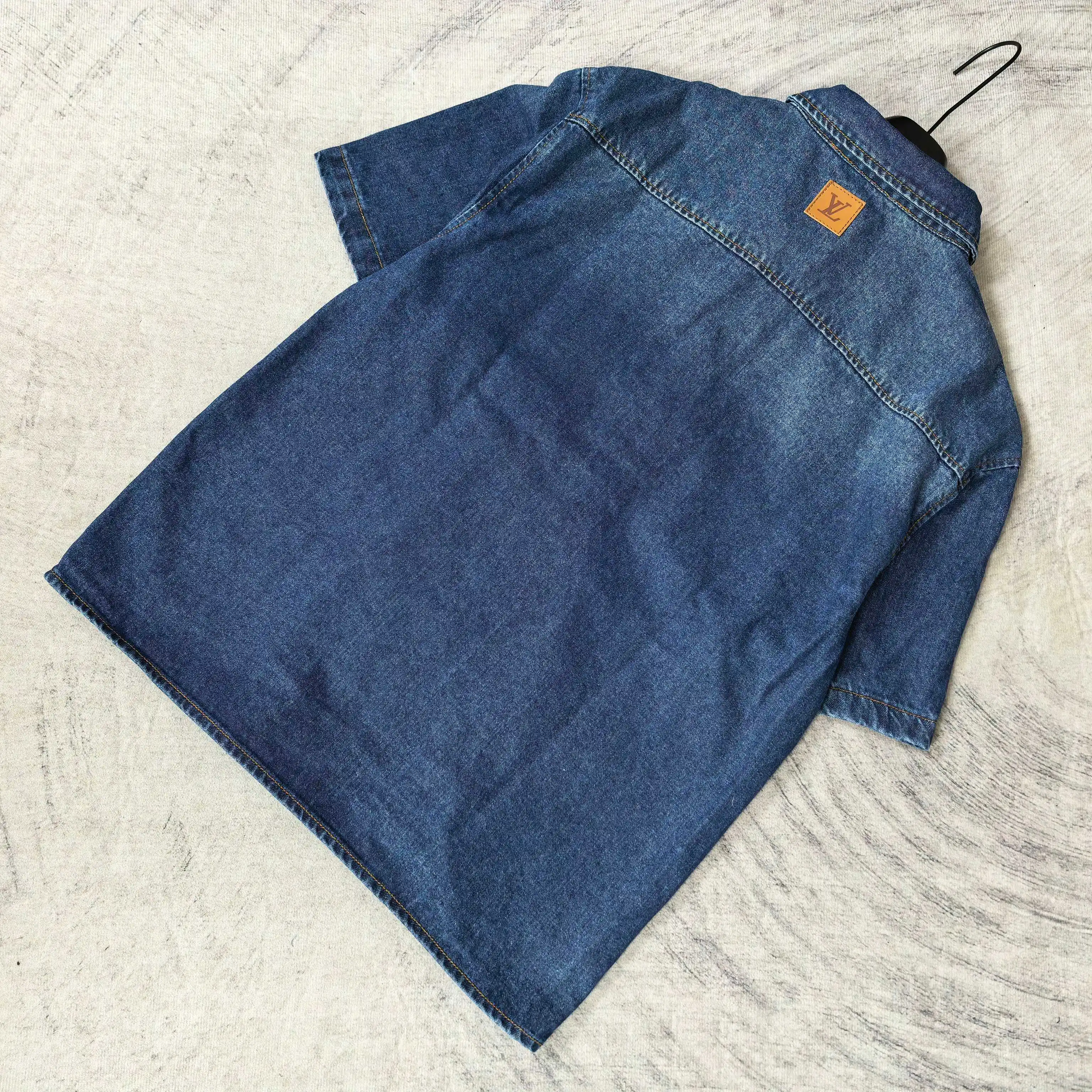 Logo-Embroidered Denim Short-Sleeve Shirt D20523208 — view 5