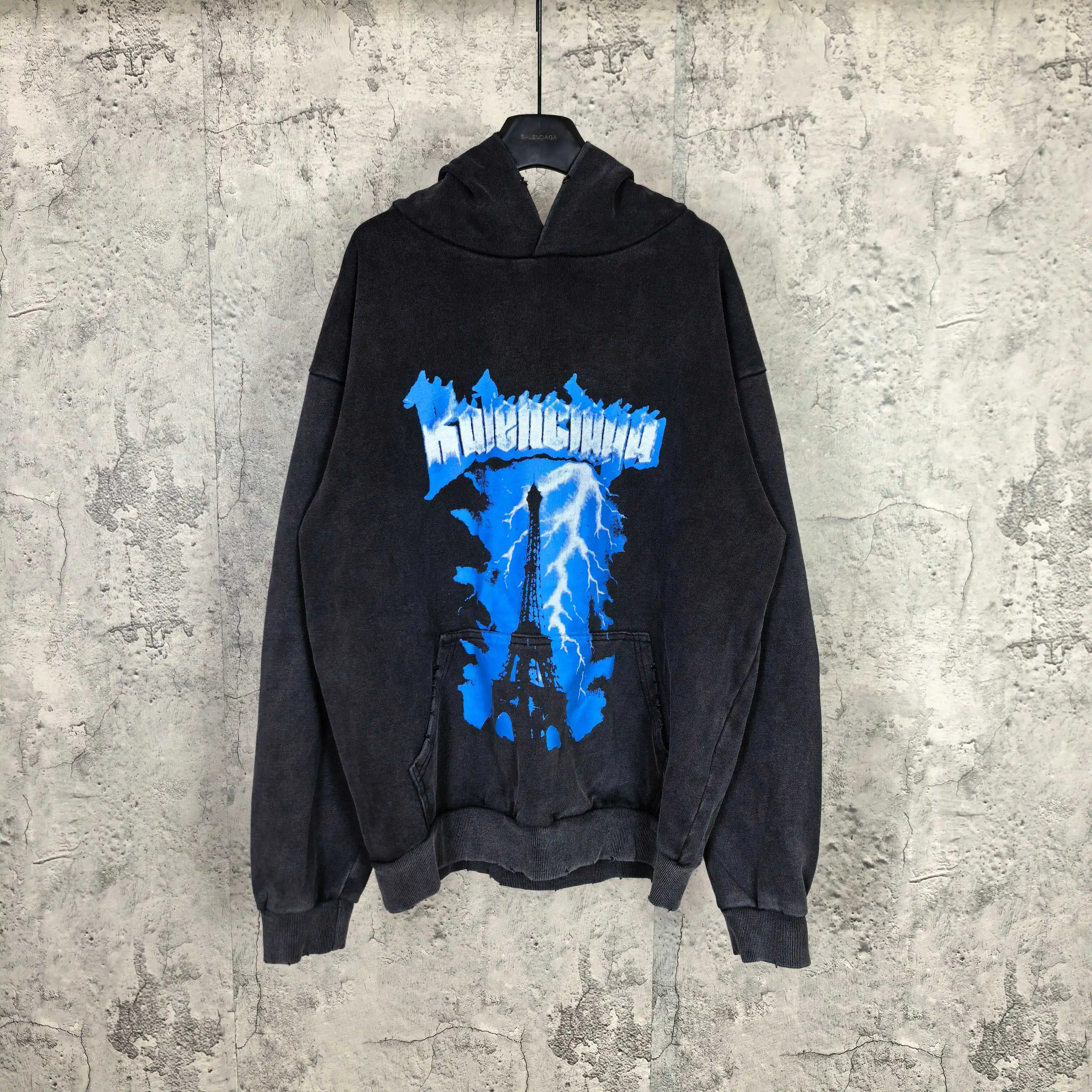 Paris Thunderstorm Print Washed Hoodie D22023199