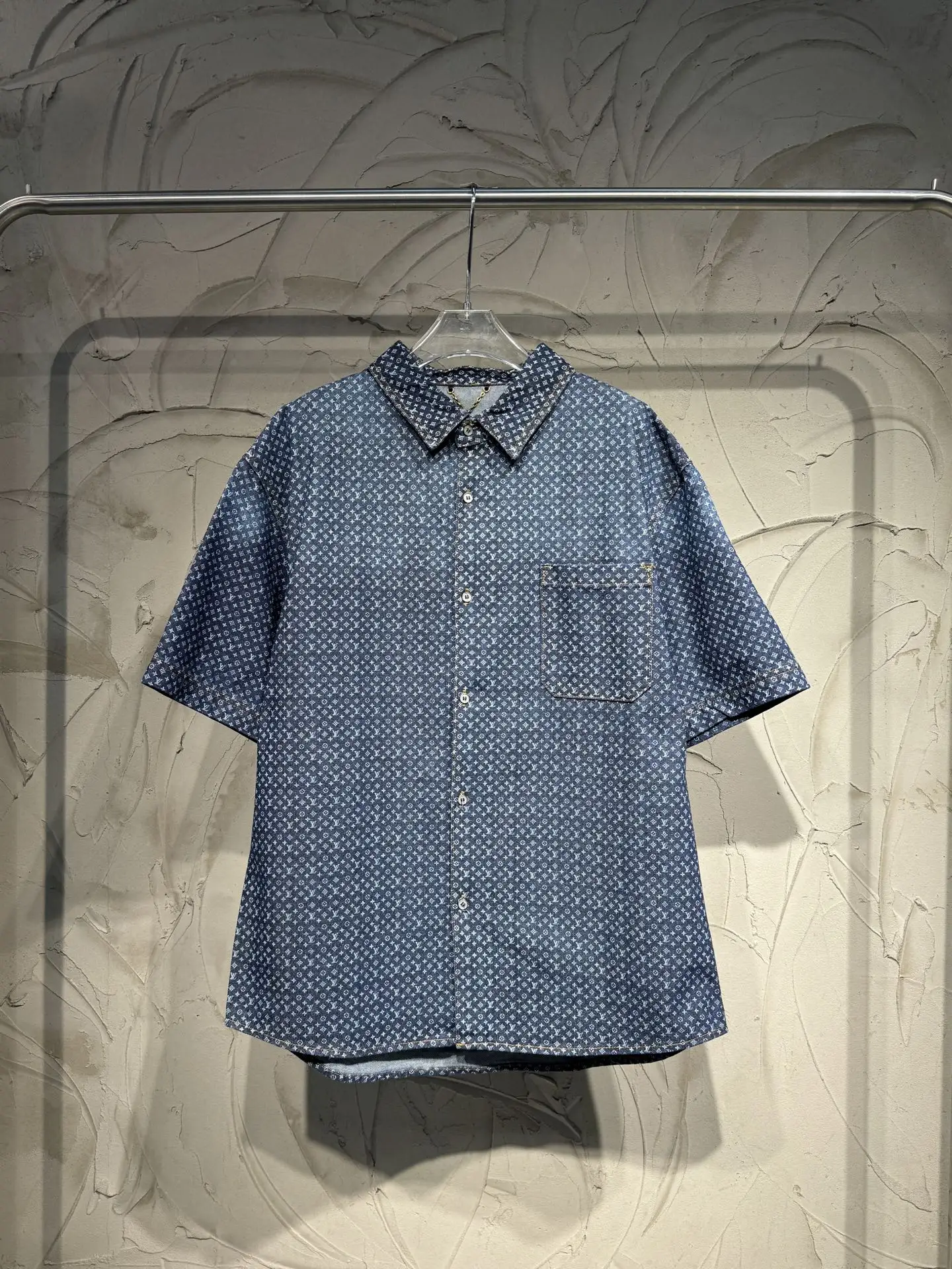Monogram Print Short-Sleeve Denim Shirt D22523022