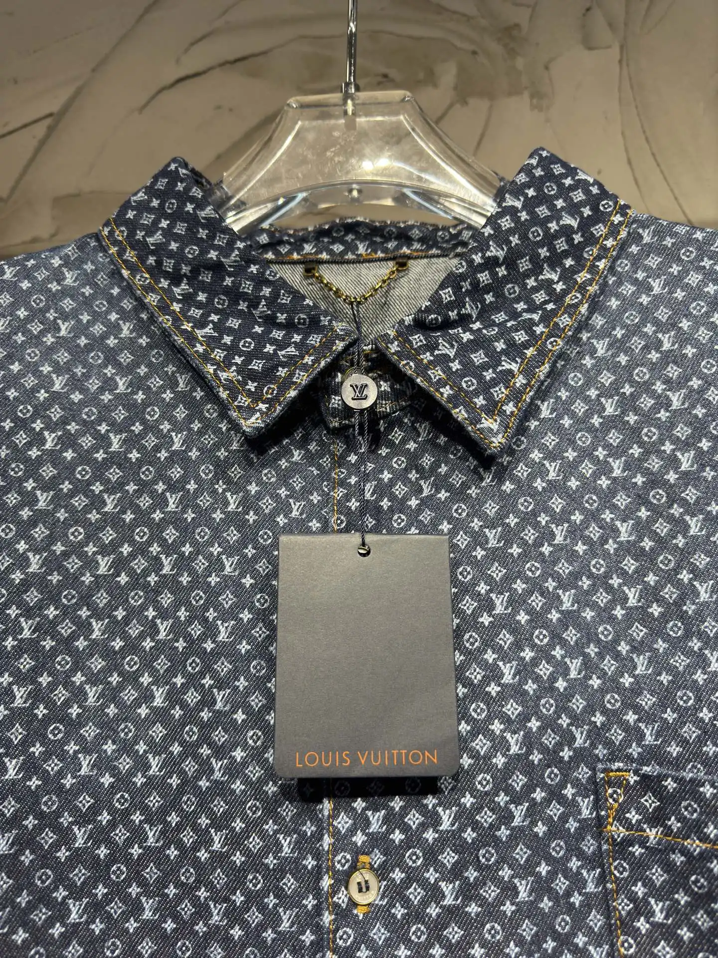 Monogram Print Short-Sleeve Denim Shirt D22523022 — view 11