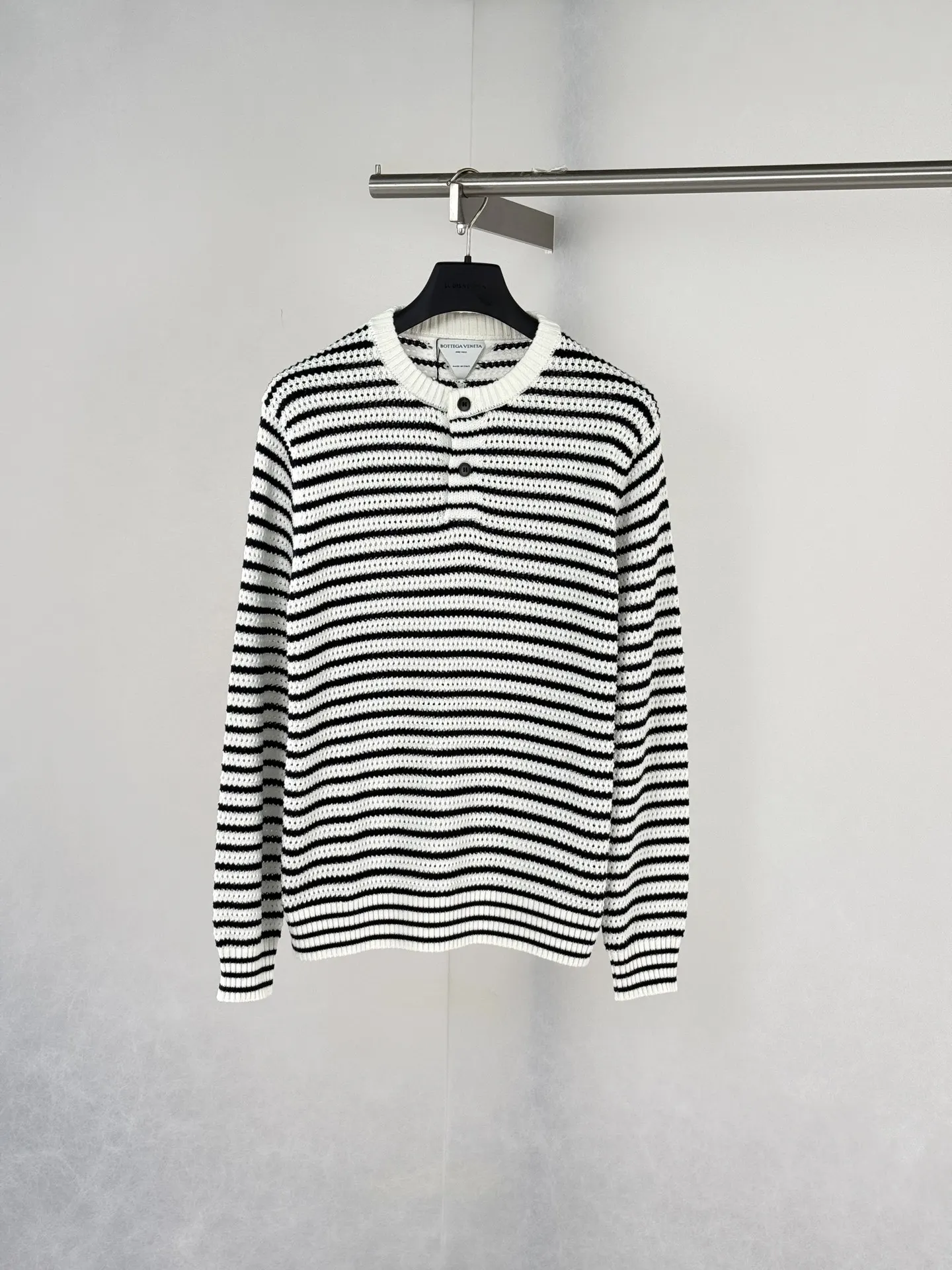 Striped Open-Knit Henley Sweater D27520730