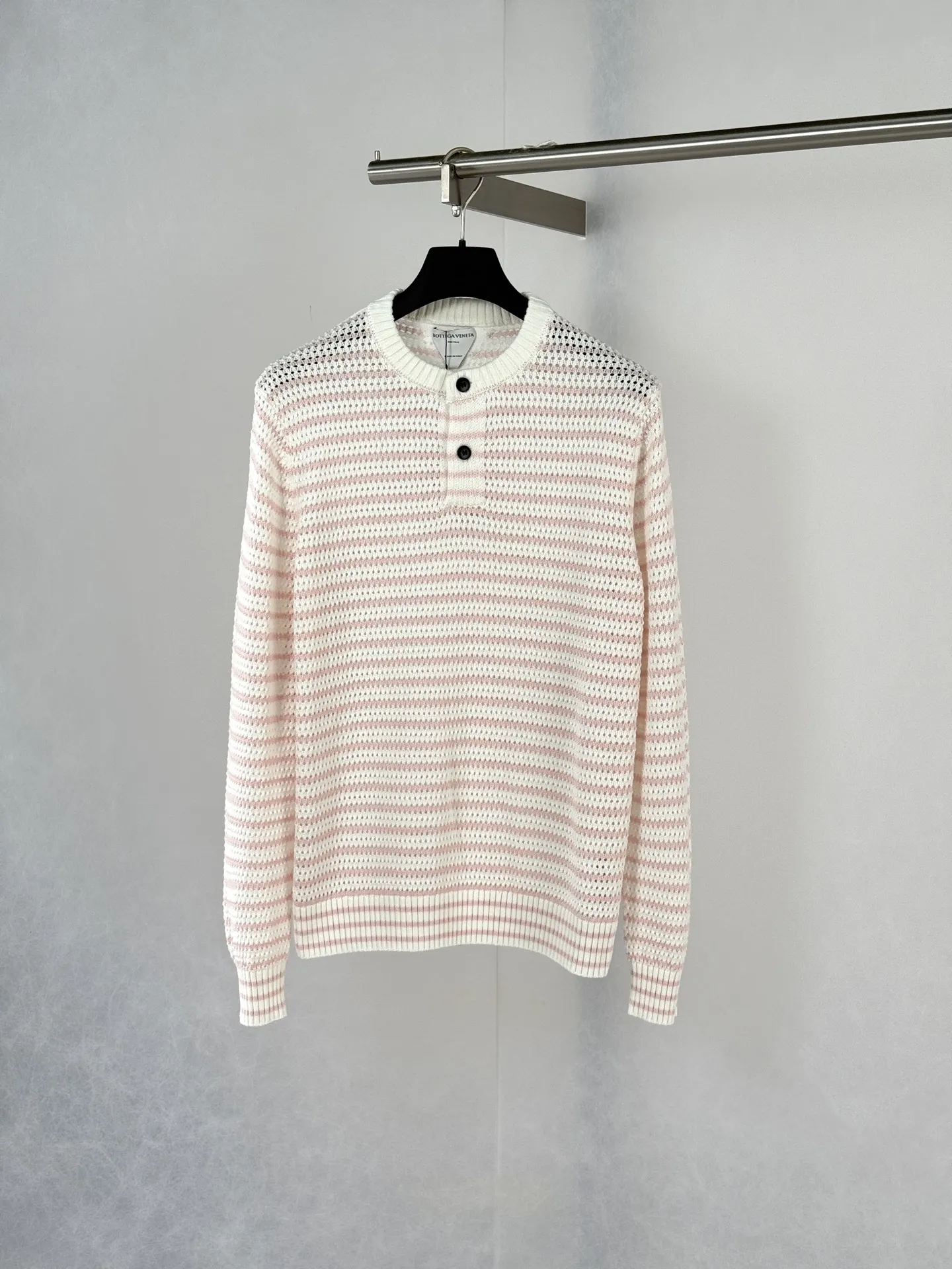 Striped Open-Knit Henley Sweater D27520731