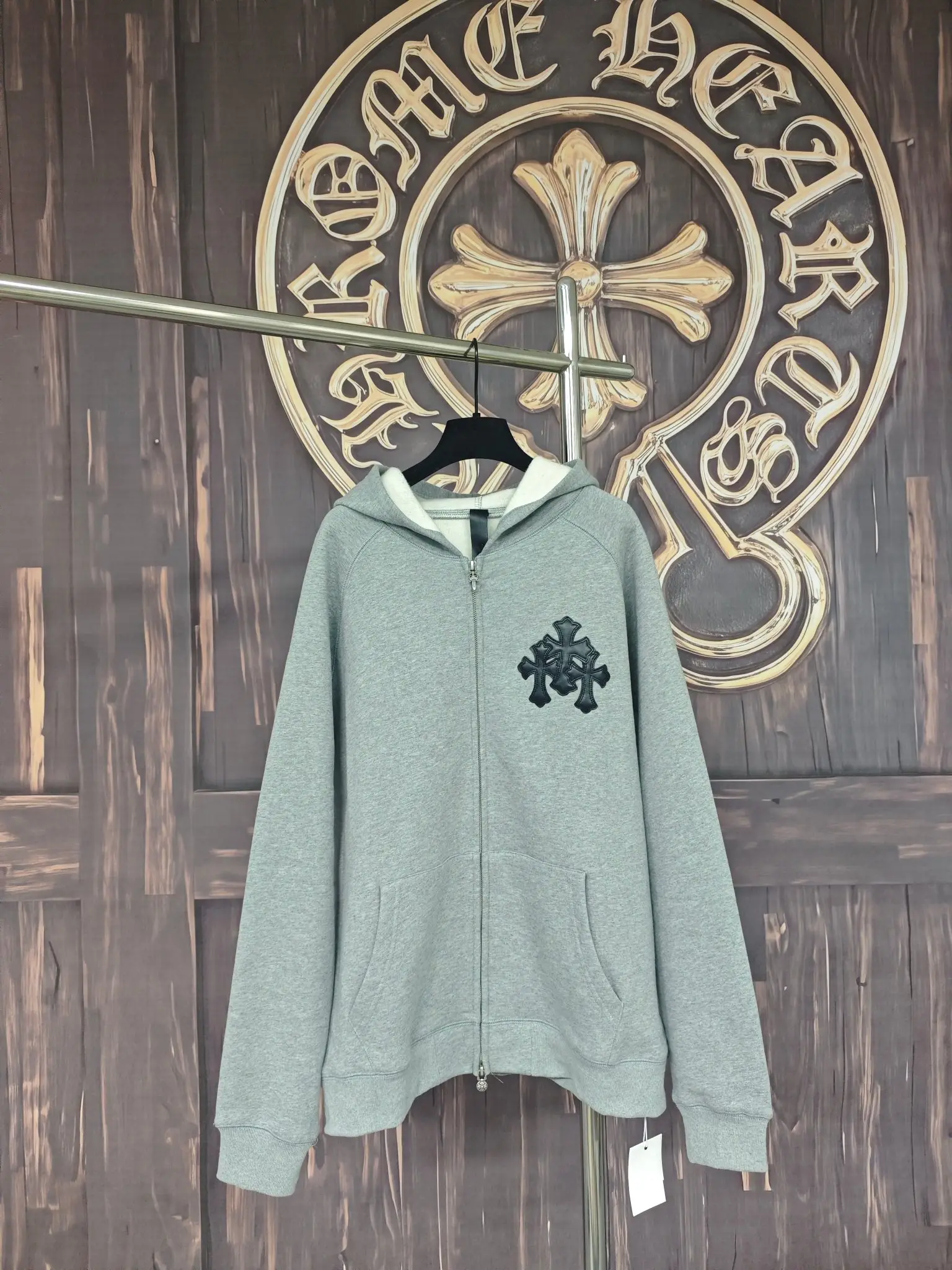 Leather Cross Patch Zip-Up Hoodie D28018996