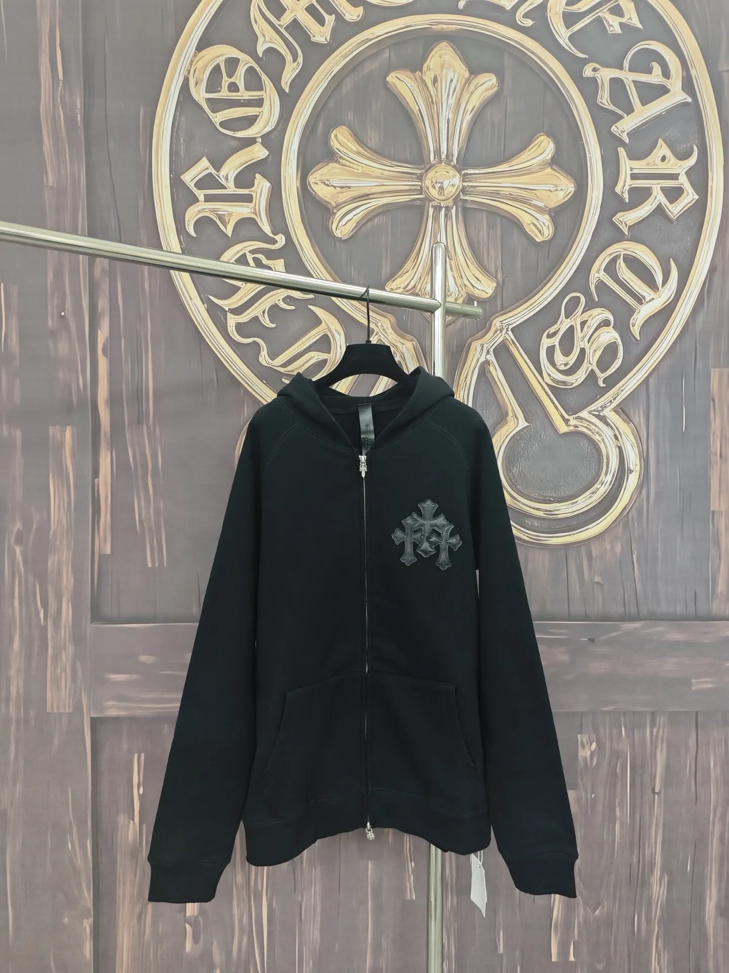 Leather-Trimmed Cross Patch Zip-Up Hoodie D28018999