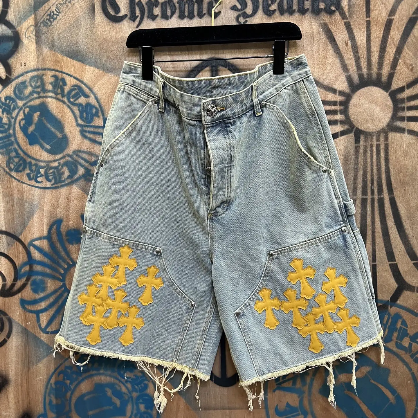 Remade Leather Cross Patch Denim Shorts D33014142