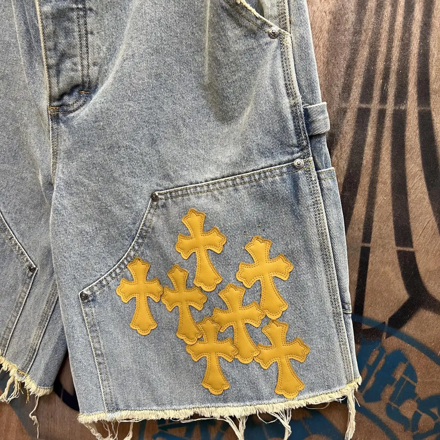 Remade Leather Cross Patch Denim Shorts D33014142 — view 5