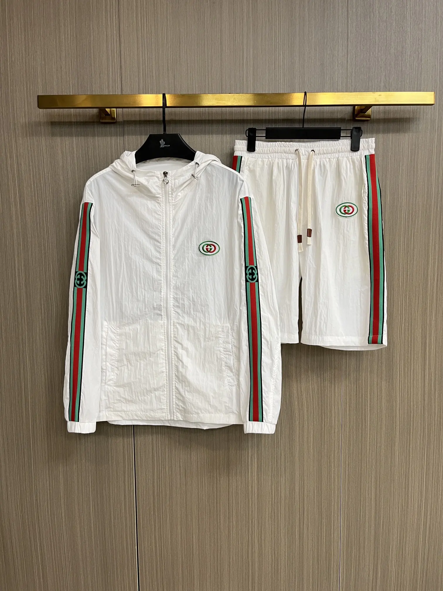 Web-Stripe Hooded Windbreaker and Shorts Set D34014547