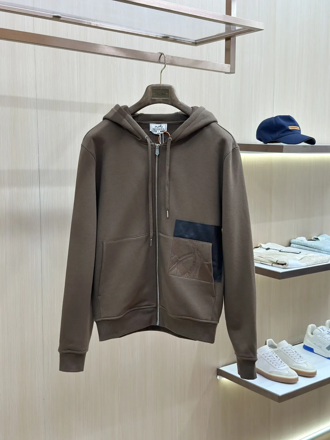 Leather-Trimmed Embroidered Zip-Up Hoodie D35019274