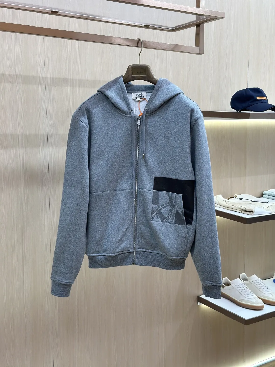 Leather-Trimmed Embroidered Zip-Up Hoodie D36019135