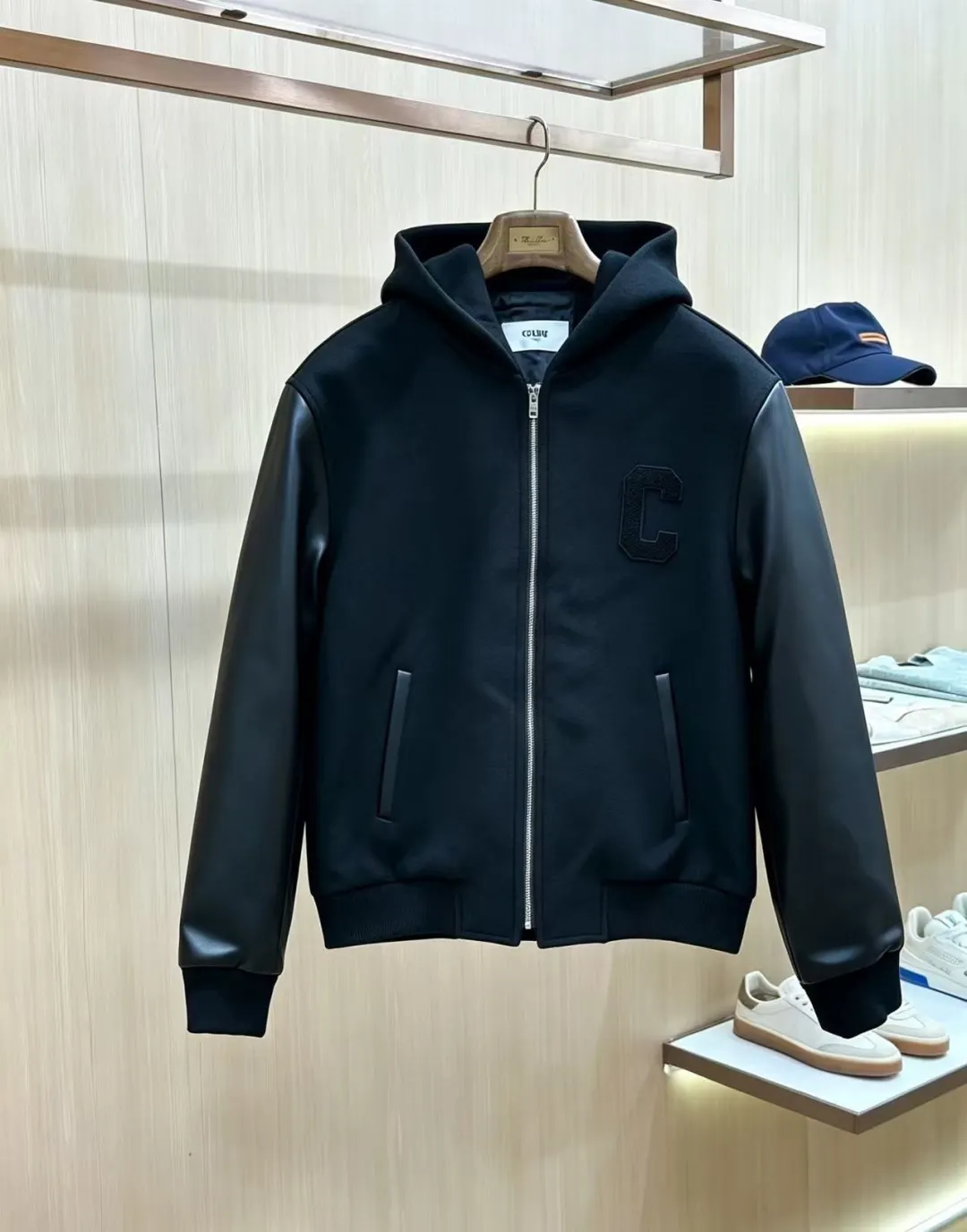 Leather-Sleeve Wool-Blend Hooded Varsity Jacket D40019141