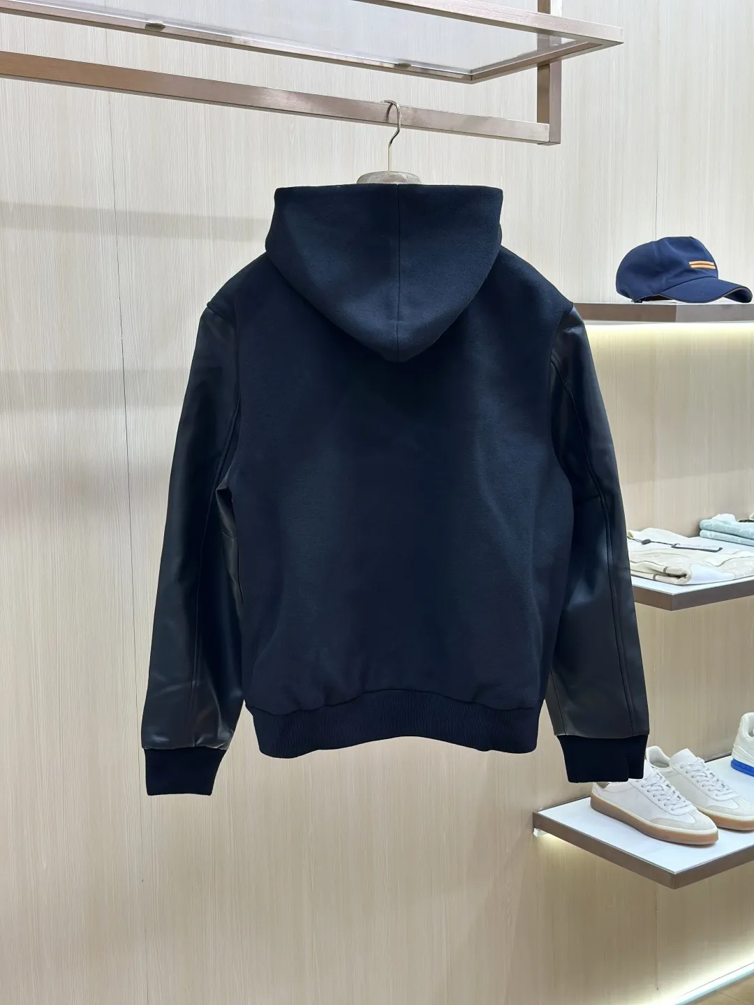 Leather-Sleeve Wool-Blend Hooded Varsity Jacket D40019141 — view 2