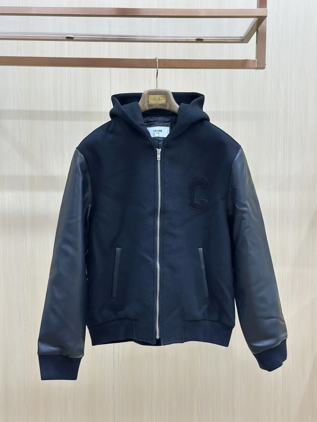 Leather-Sleeve Wool-Blend Hooded Varsity Jacket D40019141 — view 3
