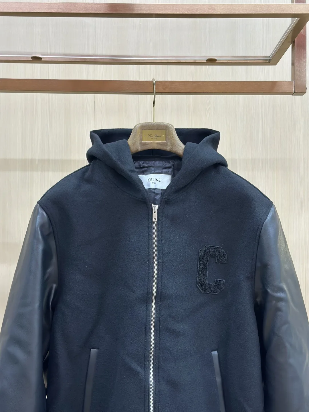 Leather-Sleeve Wool-Blend Hooded Varsity Jacket D40019141 — view 4