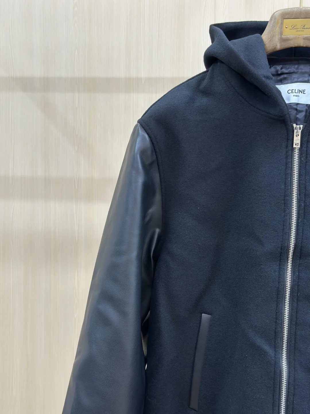 Leather-Sleeve Wool-Blend Hooded Varsity Jacket D40019141 — view 5