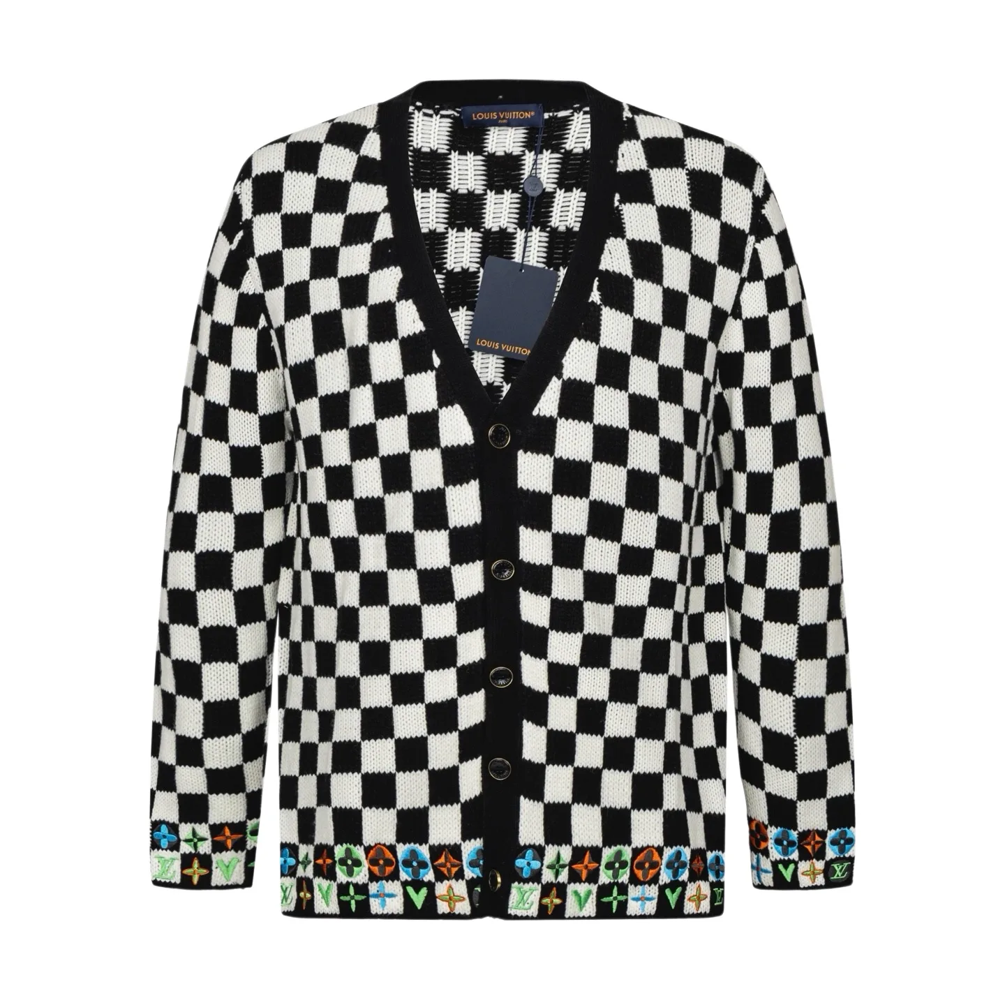Damier Check Floral Embroidered Wool Cardigan D41521148