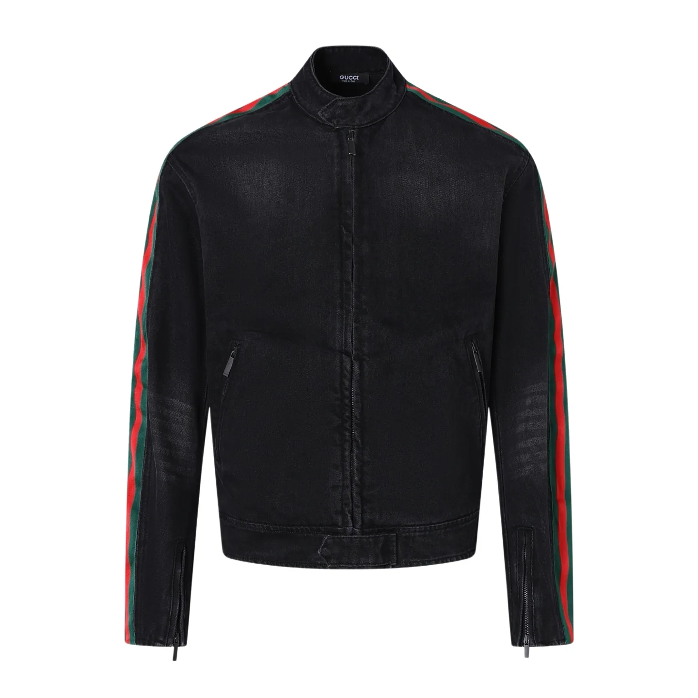 Web-Stripe Washed Denim Biker Jacket D43021145