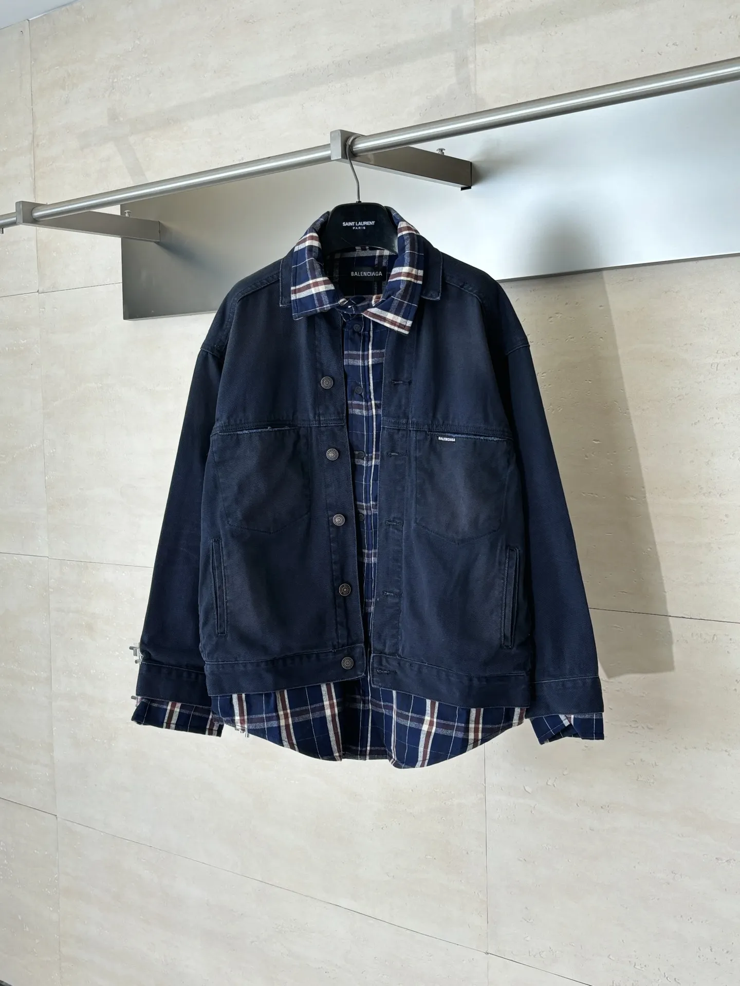 Layered Plaid-Panel Denim Jacket D44020713