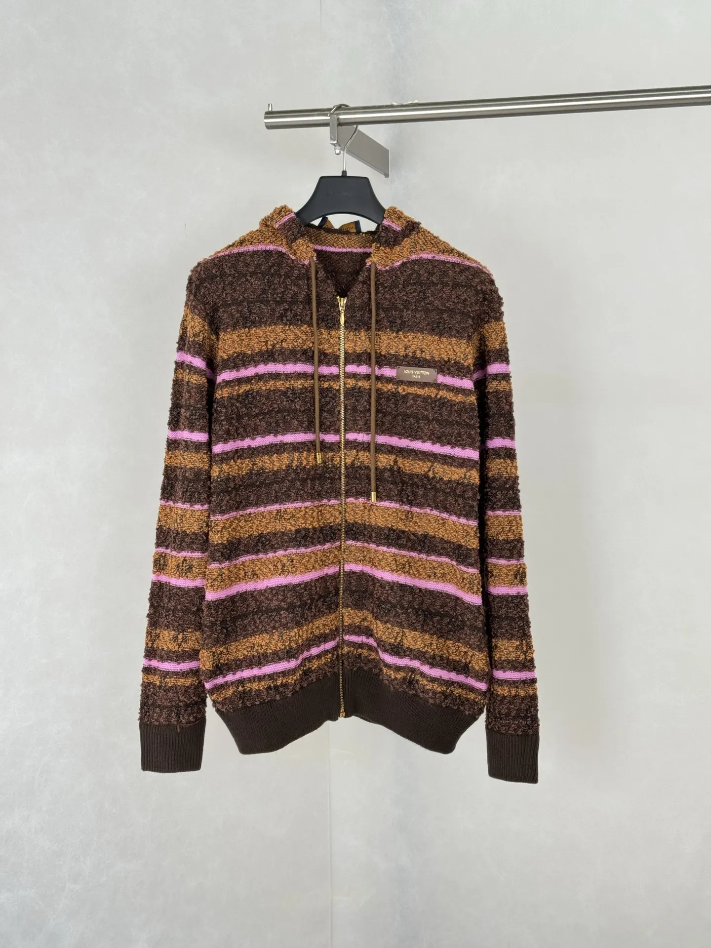 Striped Bouclé Knit Zip-Up Hoodie D44519198