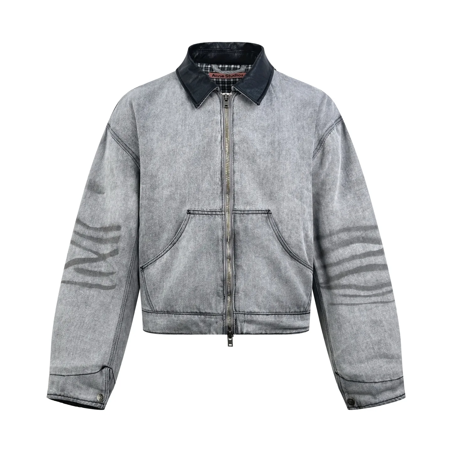Leather-Trimmed Distressed Denim Work Jacket D50019220
