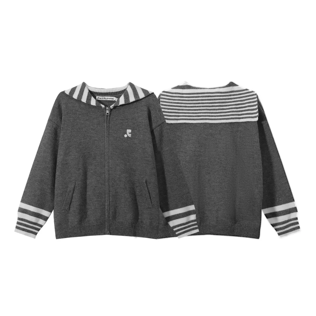 Striped Sailor Collar Zip-Up Knit Cardigan D11815601