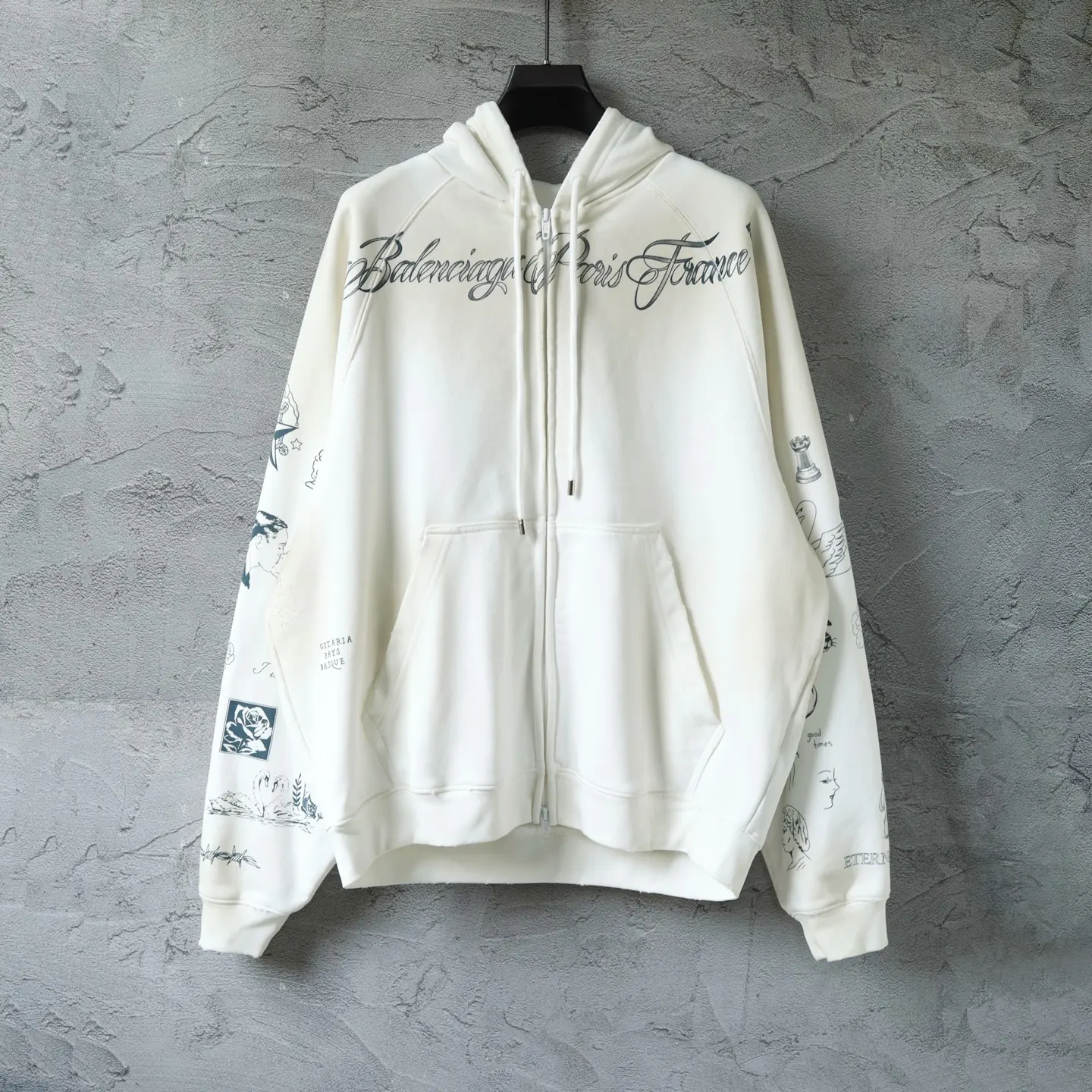Graphic Print Distressed Zip-Up Hoodie D31918772