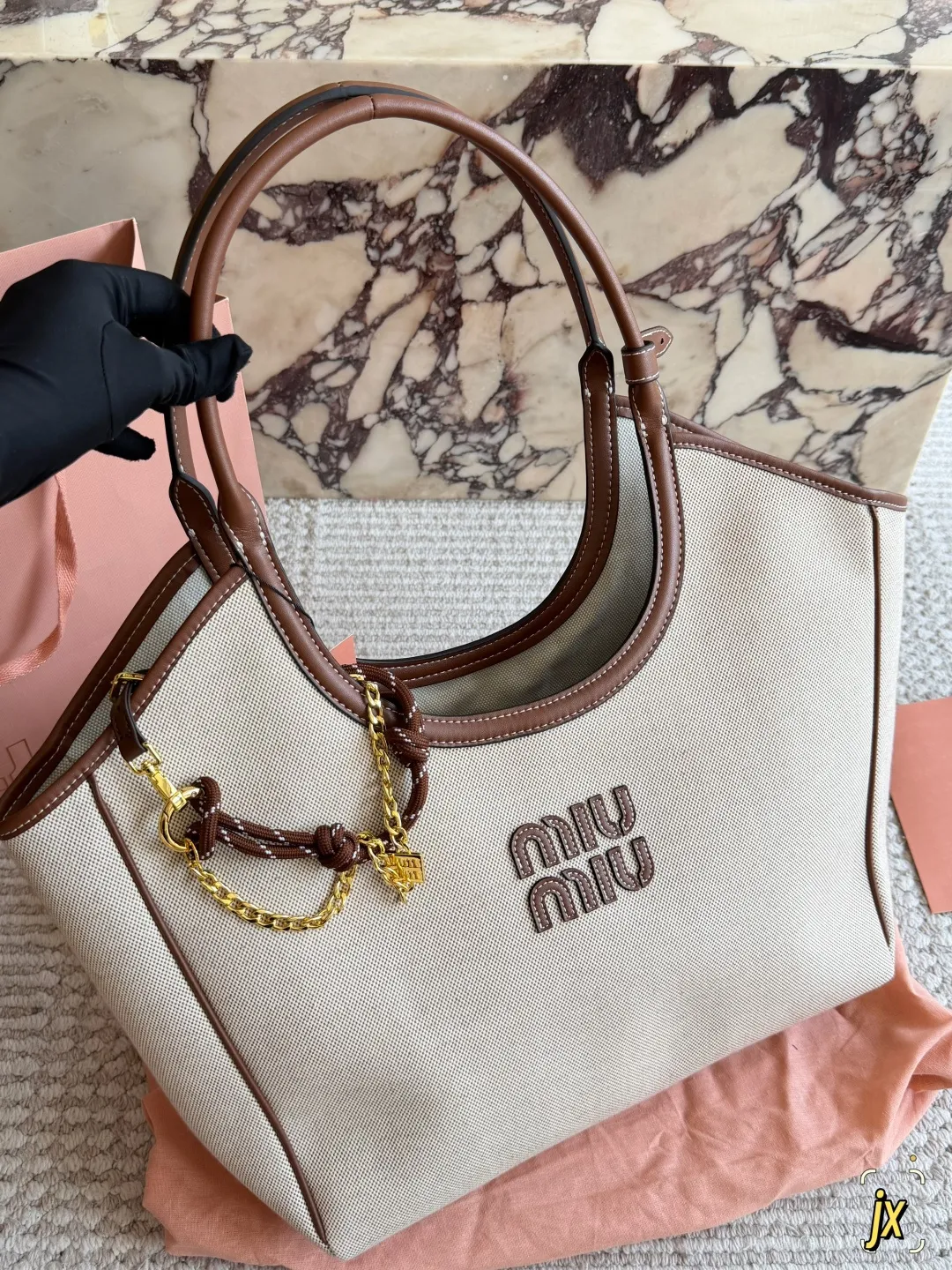 Miu Miu Canvas and Leather Tote Bag D37017969 — view 6