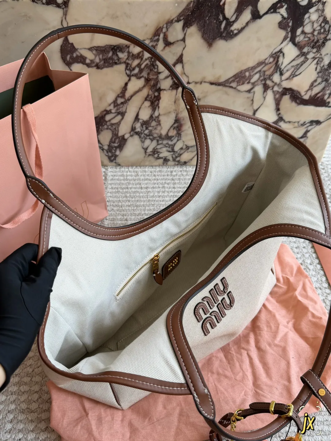 Miu Miu Canvas and Leather Tote Bag D37017969 — view 8