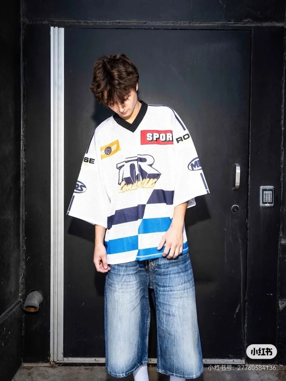 Oversized Striped Mesh Football Jersey D14522490