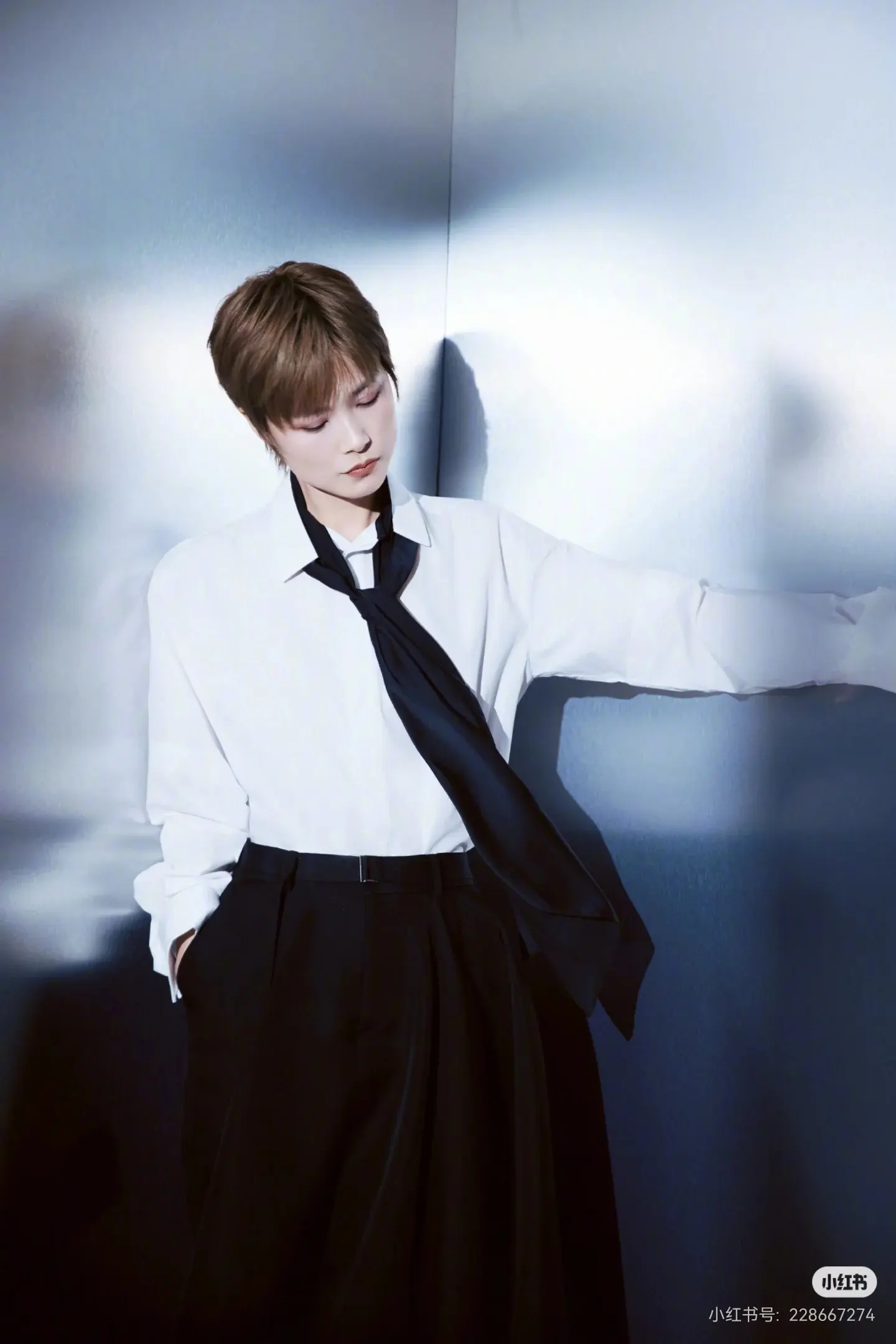 Tie-Neck Poplin Shirt with Chiffon Scarf D18522414 — view 2