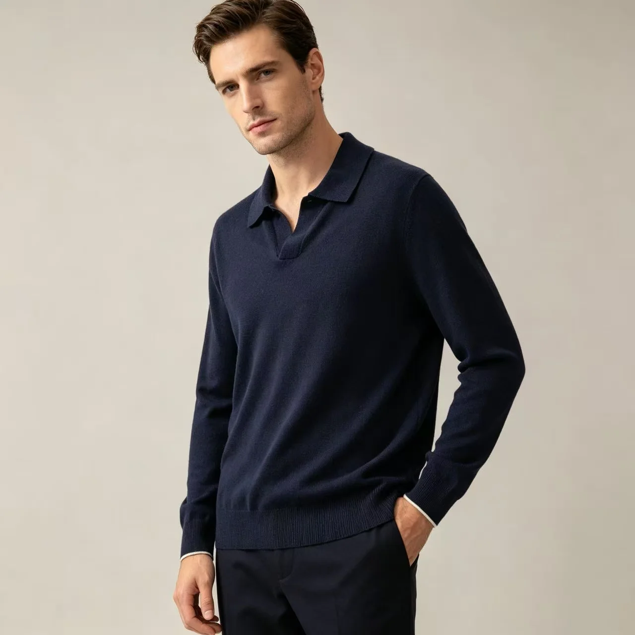Silk and Wool-Blend Long-Sleeve Polo Sweater D25022359