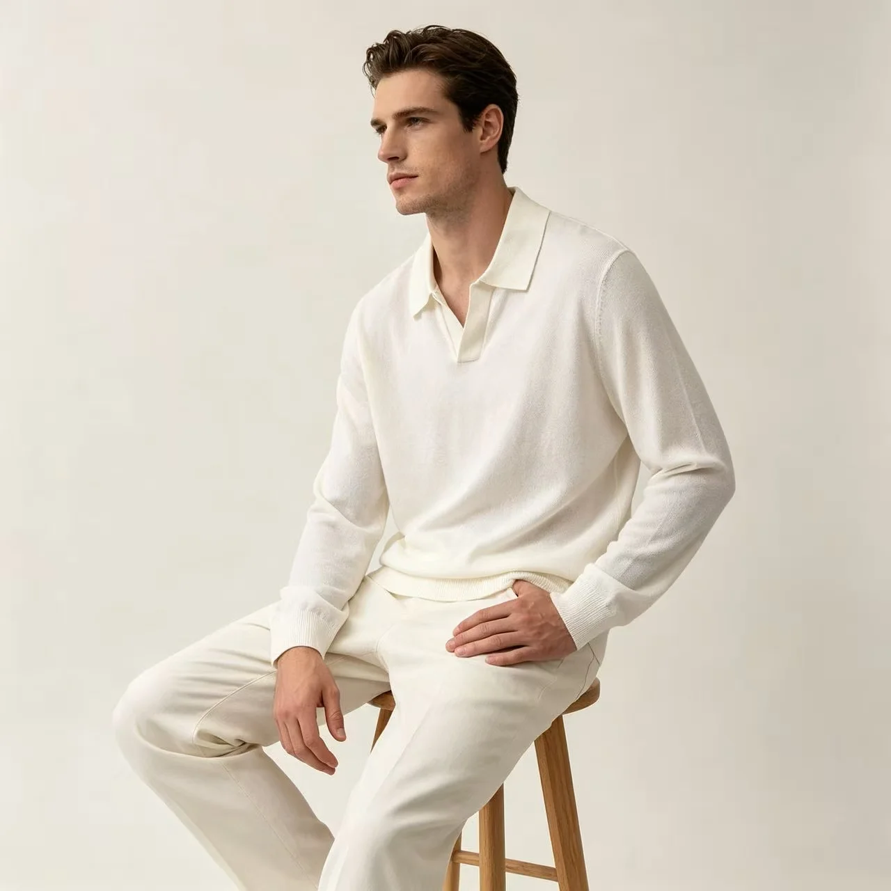 Silk and Wool-Blend Long-Sleeve Polo Sweater D25022359 — view 2